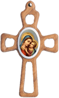 Drevený prívesok v tvare kríža s fotografiou na porceláne